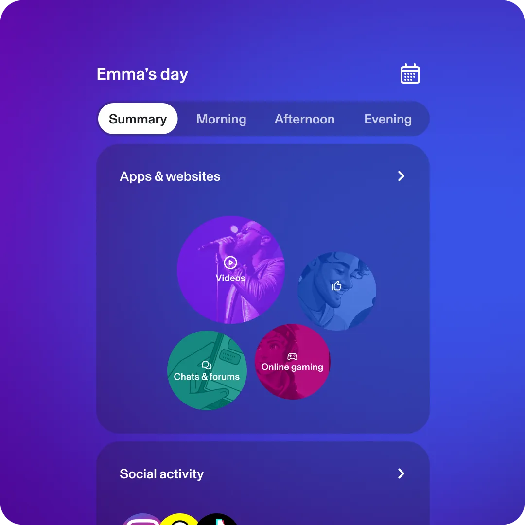 Aura product tile for day and night activity. Emma's day - summary. Apps & websites. Social activity.